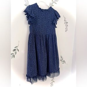 Navy Blue lace Pom Pom trim Girl Dress